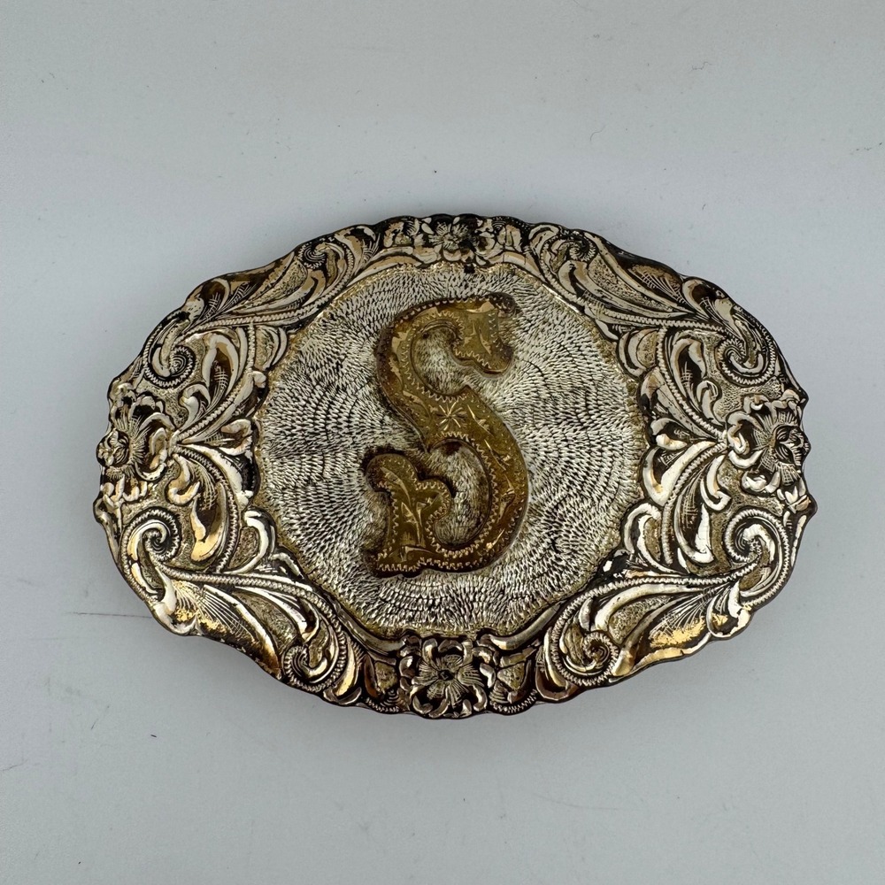 Crumrine Belt Buckle SilverGold Tone Vintage Floral Engraved Initial S Oval